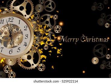 Merry Christmas  illustration  Vector and gold clock  glitter  elegant luxury gold  midnight with cog. 