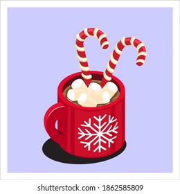 Merry Christmas Illustration. Vector isometric of hot chocolate drink  in red mug with cute festive pattern. Cozy Christmas concept 