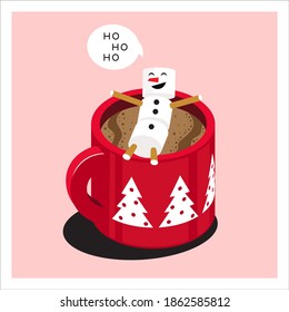 Merry Christmas Illustration. Vector isometric of hot chocolate drink  in red mug with cute festive pattern. Cozy Christmas concept 