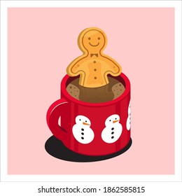 Merry Christmas Illustration. Vector isometric of hot chocolate drink  in red mug with cute festive pattern. Cozy Christmas concept 