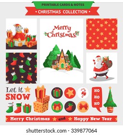 Merry Christmas illustration. Vector printable cards, notes and stickers with Santa, gifts, polar bear etc.