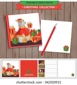 Merry Christmas illustration. Vector printable notepad design of cover and papers with polar bear and gifts.