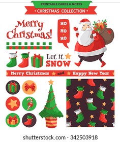 Merry Christmas illustration. Vector printable cards, notes and stickers with Santa, gifts end etc.