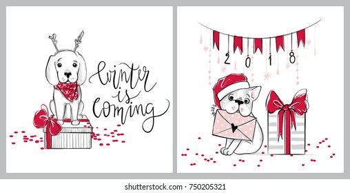 Merry Christmas illustrations. Funny dogs. Vector greeting cards with french bulldog and labrador puppies. Happy New Year collection. Winter design. Cartoon animals. Xmas 2018 card.