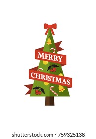 Merry Christmas, image of pine tree that is symbol of holiday, ribbon and headline, bells and candies, mistletoe and ball on vector illustration
