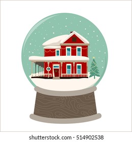 Merry Christmas image of wooden house in a snowglobe