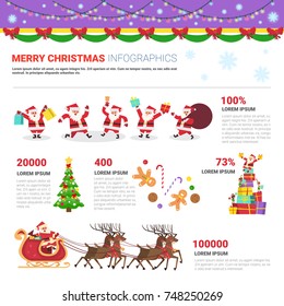 Merry Christmas Infographics Set With Santa, Pine Tree, Reindeers Holiday Elements Decoration Vector Illustration