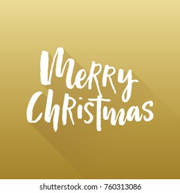 Merry Christmas ink brush hand lettering with long gradient shadow on gold background. Vector illustration. Can be used for holidays festive design.