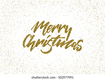 Merry Christmas - ink freehand lettering with gold glitter texture. Modern brush calligraphy, isolated on the golden star shape confetti background.