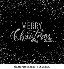 Merry christmas - ink freehand lettering with silver glitter texture. Modern brush calligraphy on the silver star shape confetti background.
