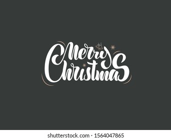 Merry Christmas inscription calligraphic lettering design. Congratulation. White inscription, golden snowflake and christmas bells. For greeting card, poster, banner, tag, interior design