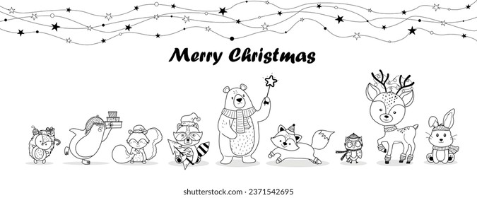 Merry Christmas inscription. Christmas characters - animals, bear, raccoon, squirrel, hedgehog, fox, owl, hare, penguin. Vector black and white illustration.