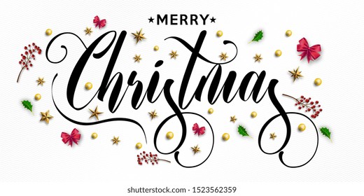 Merry Christmas inscription decorated with gold stars, beads, and mountain ash. Vector illustration.