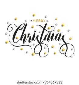 Merry Christmas inscription decorated with gold and silver beads. Vector illustration.