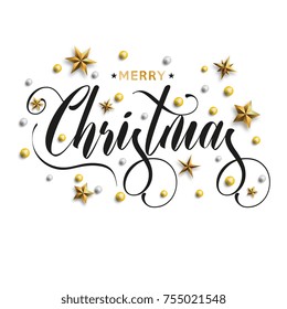 Merry Christmas inscription decorated with gold stars and beads. Vector illustration.