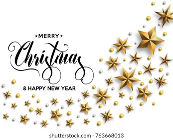 Merry Christmas inscription decorated with gold stars and beads. Vector illustration.