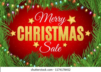 Merry Christmas. Inscription from the golden glitters. Christmas tree with a colorful garland. Christmas sale. Great discounts. Luxury gold stars. Vector illustration. EPS 10