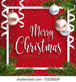 Merry Christmas inscription greeting. Red festive background with typography and holidays elements. Christmas tree branches, balls rose gold and serpentine. Calligraphic script. Lettering text.