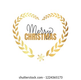 Merry Christmas inscription, lettering sign happy winter holidays wishes. Typography calligraphic greetings written in laurel branches heart shape frame
