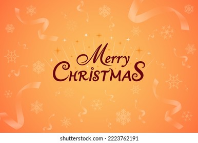 Merry Christmas inscription on festive orange background with falling confetti and snowflakes. Greeting card for Christmas, xmas and winter holidays.Vector illustration, vintage style, pattern