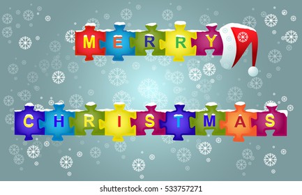 Merry Christmas inscription on pieces of a puzzle and Santa Claus' cap with a snowflakes background.Merry Christmas text, background.