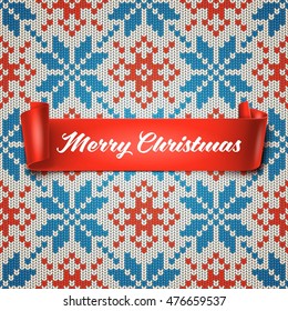 Merry Christmas inscription on red detailed curved ribbon on seamless knitted pattern. Scandinavian style knitted embroidery pattern
