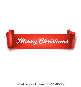 Merry Christmas Inscription On Red Detailed Curved Ribbon Isolated On White Background. Curved Paper Banner.