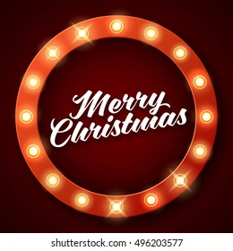 Merry Christmas inscription on retro banner with light bulbs. Retro design element circle signboard glowing with lamps. American advertisement style vector illustration. 