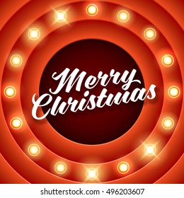Merry Christmas inscription on retro banner with light bulbs. Retro design element circle signboard glowing with lamps. American advertisement style vector illustration. 