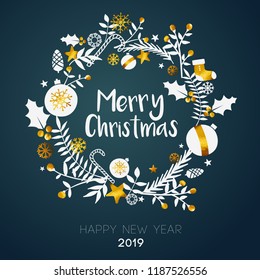 Merry Christmas Inside Circle Golden Ornament Card on Dark Teal Background