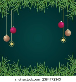 Merry Christmas Instagram posts with green leaves and balls with golden snowflakes