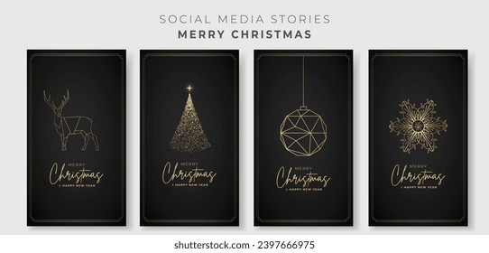 Merry Christmas Instagram Story Template Collection. Luxury and Minimalist Christmas Stories with Golden Christmas Tree, Reindeer, Snowflake, and Ornament