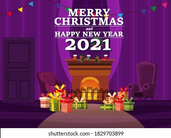 Merry Christmas interior of the living room with a Christmas tree, gifts and a fireplace, window, furniture, Xmas wreath, decorations. Vector illustration isolated cartoon style