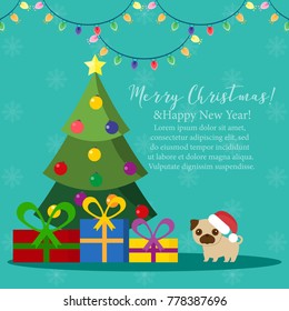 Merry Christmas. Christmas interior, presents, gifts, ornaments and star. Pug near the tree. Decorated Christmas tree. Vector Illustrations.