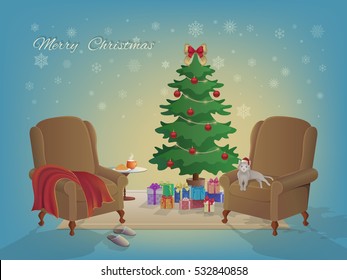 Merry Christmas interior with Christmas tree, armchairs, colorful boxes with gifts, blanket, slippers, hot milk, a croissant, a cat in the hat of Santa Claus. Background with snowflakes.