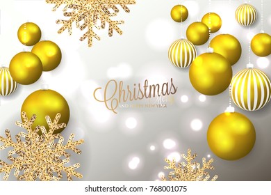 Merry Christmas Invitation card with balls toy gold snowflake