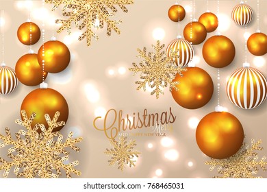 Merry Christmas Invitation card with balls toy gold snowflake