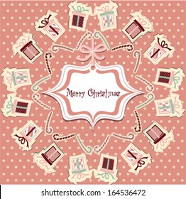 Merry Christmas invitation card with colorful gift boxes on polka dot background