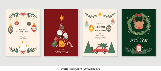 Merry christmas invitation card design vector. Elements of geometric shape, christmas tree, car, reindeer, wreath, candle, gift, ball, foliage. Art design for poster, cover, banner, decoration.