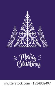 Merry Christmas invitation card with flat xmas tree composition from snowflakes and handwritten text on a violet background. Vector illustration