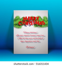 Merry Christmas invitation card with greeting text and fir twigs on light background isolated vector illustration