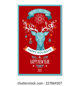 Merry Christmas invitation card ornament decoration  with deer. Vector illustration Eps 10.. Happy new year message.