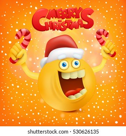 Merry christmas invitation card with smiley yellow face. Vector illustration