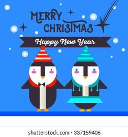 Merry Christmas invitation card with two penguins. Flat illustration. Starlight Night. Winter holiday.