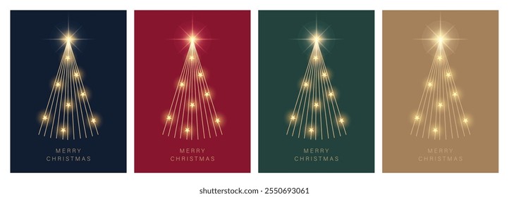 Merry Christmas invitation card, vector illustration. Minimal design Christmas tree on green, red, blue background. 