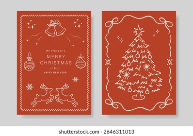 Merry Christmas invitation card vector set. Elegant wallpaper with bauble ball, ribbon frame, tree, reindeer, snowflake. Holidays design illustration for cover, print, poster, packaging, ads.