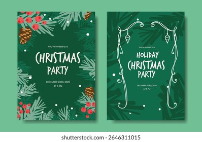 Merry Christmas invitation card vector set. Elegant wallpaper with pine leaves, pine cone, holly berry, christmas frame. Holidays design illustration for cover, print, poster, packaging, ads.