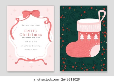 Merry Christmas invitation card vector set. Elegant wallpaper with pine leaves, bauble ball, christmas frame. Holidays design illustration for cover, print, poster, packaging, ads.