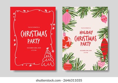 Merry Christmas invitation card vector set. Elegant wallpaper with pine leaves, bauble ball, christmas frame. Holidays design illustration for cover, print, poster, packaging, ads.