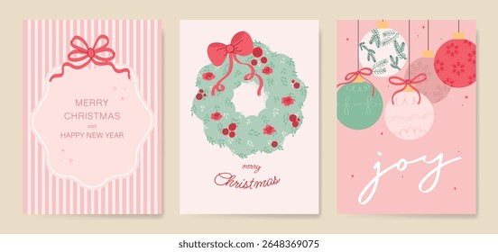 Feliz Natal convite cartão vetor conjunto. Papel de parede elegante com folhas de baga de azevinho, quadro de fita, bola de bolinha, vela. Ilustração de design de feriados para capa, impressão, cartaz, embalagem, anúncios.